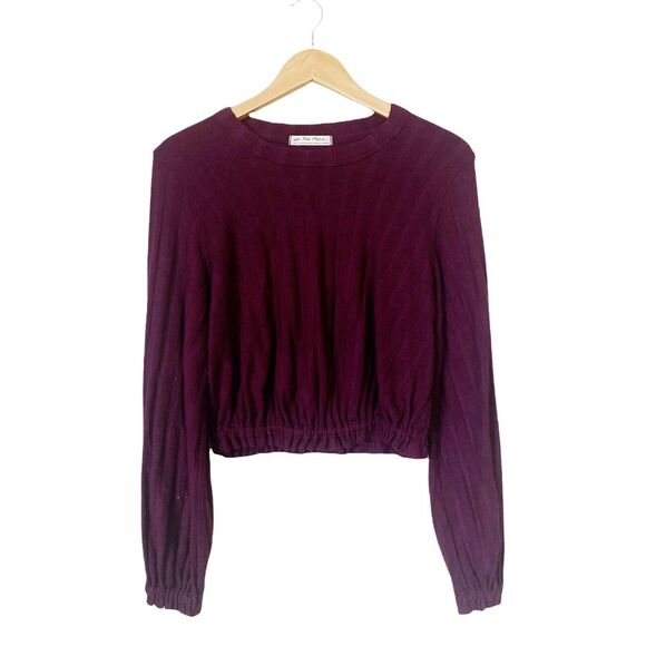FREE PEOPLE Jersey Top Burgundy Knit Crop Long Sleeve Blouse Elastic Waist Small - Picture 1 of 6